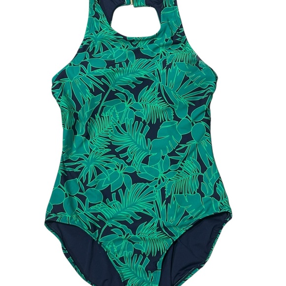 Lands’ End Women’s High Neck One-Piece Emerald/Navy Floral Swimsuit Size L NWT - Picture 1 of 7